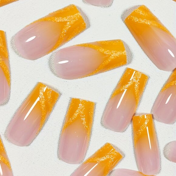 24pcs Glossy Long Square Fake Nails, Yellow Gradient Press On Nails With Glitter - Picture 2 of 6